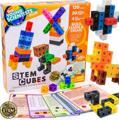The Young Scientists Club STEM Cubes, Build, Learn & Create with 100+ Math Cubes Manipulatives, 4-in-1 Educational Games, Math Cubes for Kids Ages 4-8, Awesome Learn Through Play Toys