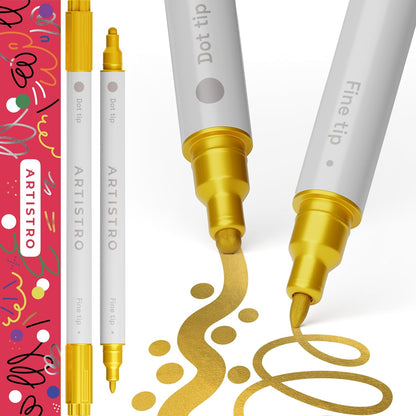 ARTISTRO 2 Gold & Silver Dual-Tip Acrylic Paint Pens - Multisurface Markers for Glass, Rock, Fabric, Wood, Plastic & More - 5mm Dot + 1mm Fine Tips