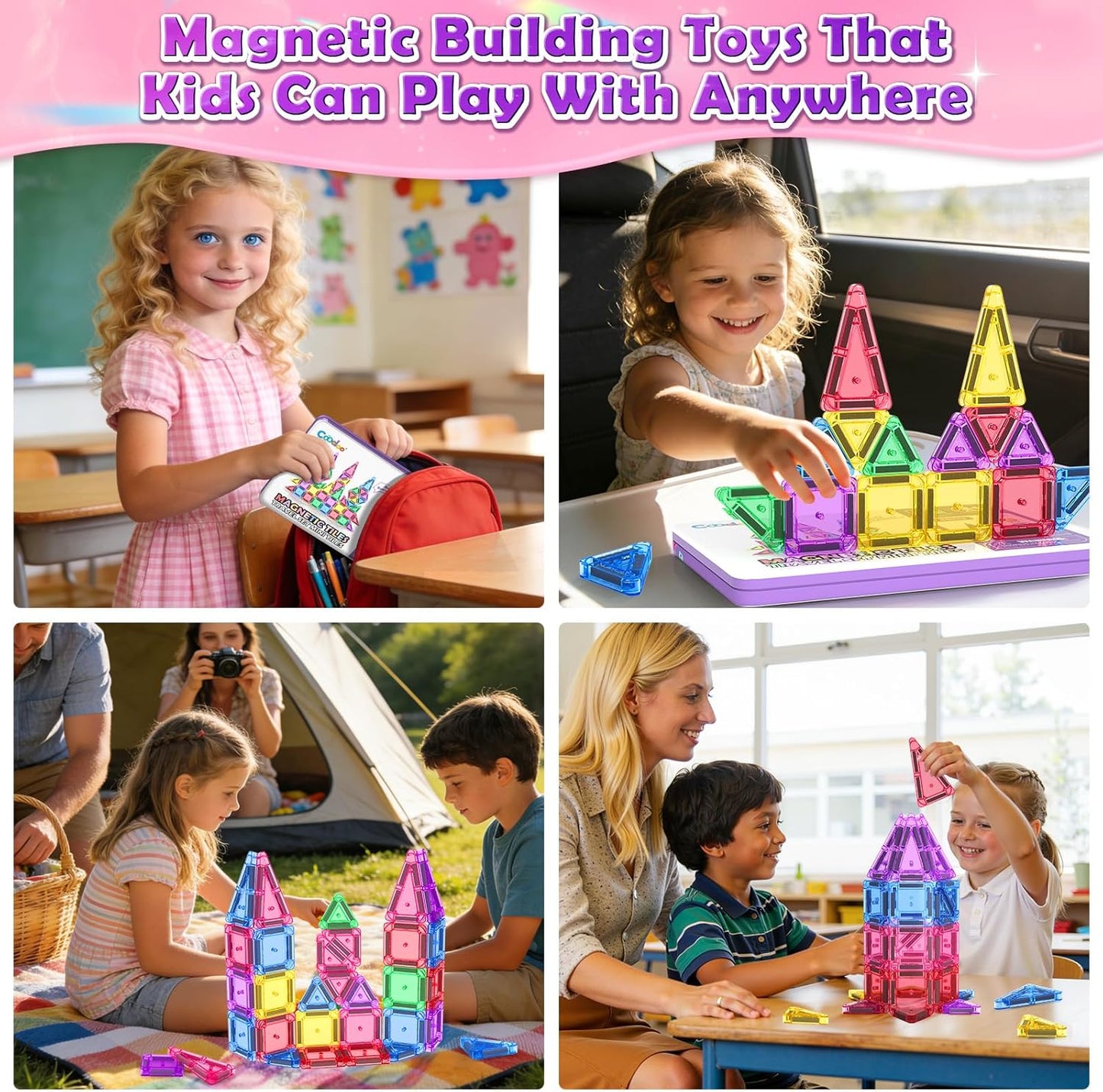 Magnetic Tiles Mini Travel Toys Set for Kids, Magnetic Blocks Building Toy Preschool Classroom Must Haves, Montessori Sensory Outdoor Kids Toys for Toddlers 3+ Year Old Girls Boys Travel Essential