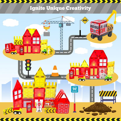 SKTMYY Magnetic Tiles Construction Toys with Road & Crane & Marble Run, Double-Sided Fire Station & Building Magnet Tiles for Kids Ages 4-8, STEM Magnetic Blocks Gifts for 3 4 5 6 7 8 Year Old Boys