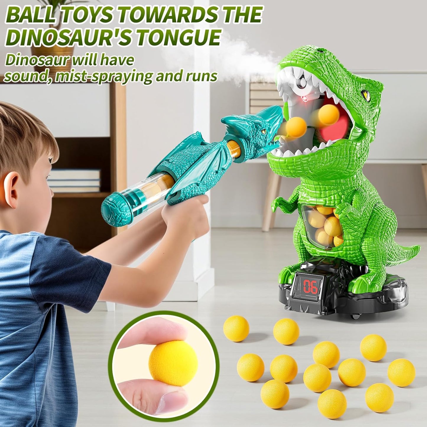 JUKUDAHU Dinosaur Shooting Boy Toys for Kids Age 3 4 5 6 7 8 - Moveable Shooting Game with Scoreboard, Light and Sound, 12 Foam Balls, Boy Toddler Toys 5-7 6-8 8-10, Competition Game Gifts (Green)