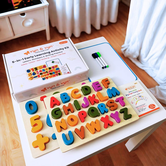 Wooden Puzzles for Toddlers 3-5 | Alphabet Number Shape Montessori Learning Toys | Magnetic Whiteboard, Flashcards & Markers | Preschool Educational 5-in-1 Learning Kit | VYN & VYN (Multicolor)