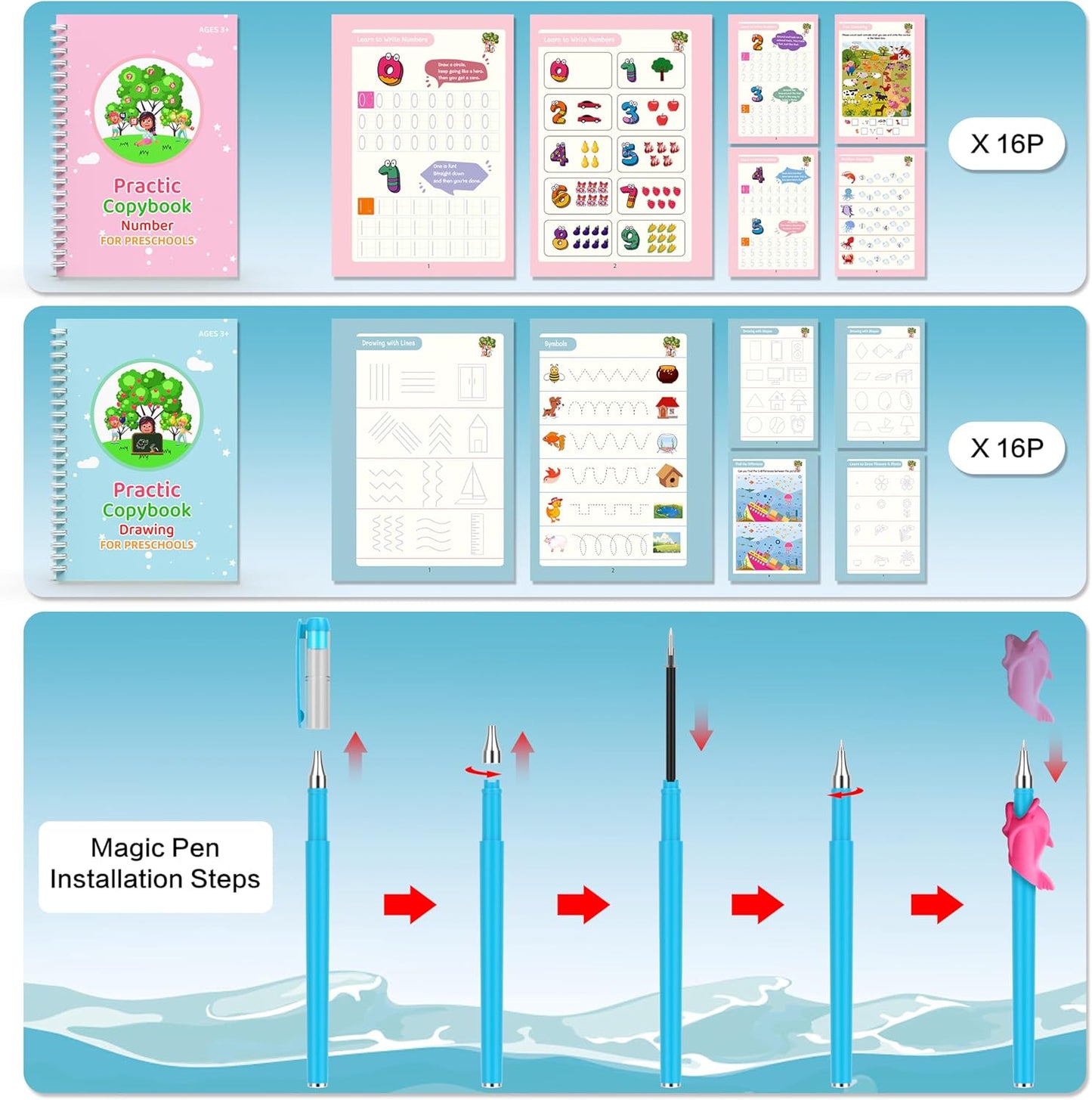 WANFRES Magic grooved Writing Practice Books Great for Beginners, 5 Books, 2 pens, 2 Pencil Grips, 20 Refills. grooved Handwriting Practice for Kids 3-10, Reusable grooved Handwriting workbooks.
