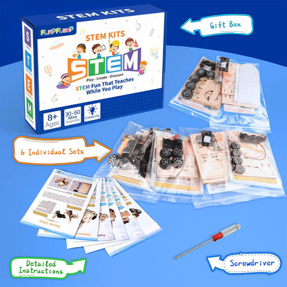 6-in-1 STEM Kits for Kids Age 8-12, Educational STEM Toys for Boys and Girls, Wooden Building Kit for Kids STEM Science Experiments Kit, Ideal Christmas Birthday Gifts for 8 9 10 11 12 13 Year Old