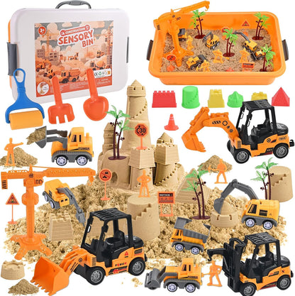 34Pcs Sand Construction Site Kit Sensory Bin Toy for Toddler with 8 Vehicles, 6 Castle Molds, 5 Road Signs, 4 Worker Figures, 2.2lbs Sand, Learning Sand Toys Birthday Gift for Kids Boys Ages 3 4 5