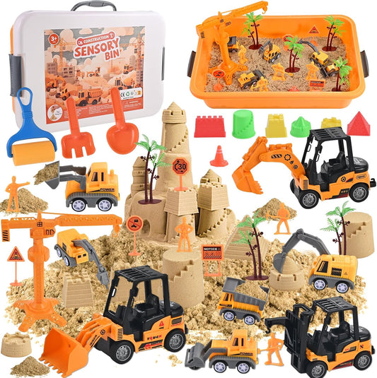 34Pcs Sand Construction Site Kit Sensory Bin Toy for Toddler with 8 Vehicles, 6 Castle Molds, 5 Road Signs, 4 Worker Figures, 2.2lbs Sand, Learning Sand Toys Birthday Gift for Kids Boys Ages 3 4 5