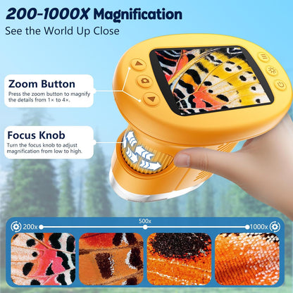 Odatay 4K 1000X Digital Microscope for Kids with Long Distance Viewing & 2.4" Screen, Portable Handheld Edu Toys for Kids Age 3-12 Exploring Bugs Plants at Home Classroom & Outdoor Travel, Yellow