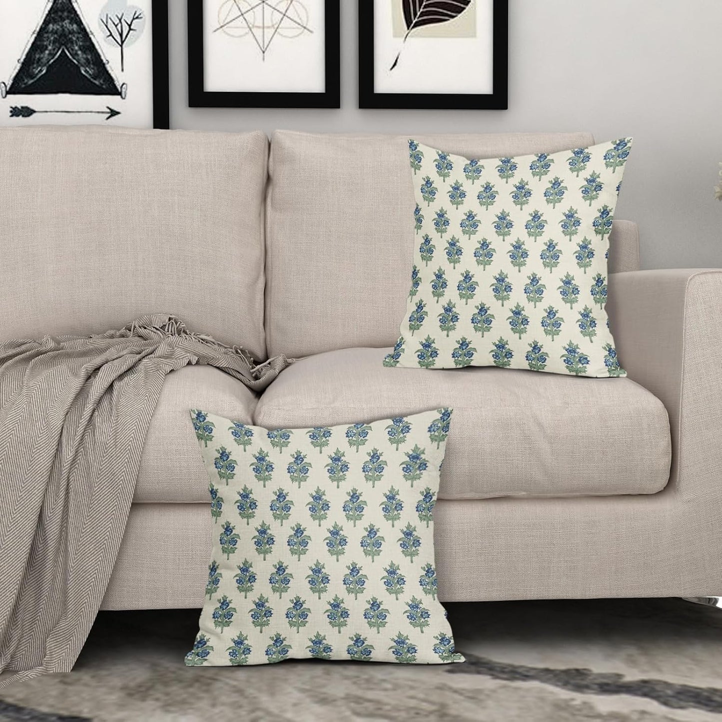 Sage Green Blue Floral Block Print Pillow Covers 18x18 Set of 2 Spring Flower Pattern Decorative Throw Pillowcases Outdoor Rustic Farmhouse Square Cushion Cases Decor for Home Couch Sofa Bed