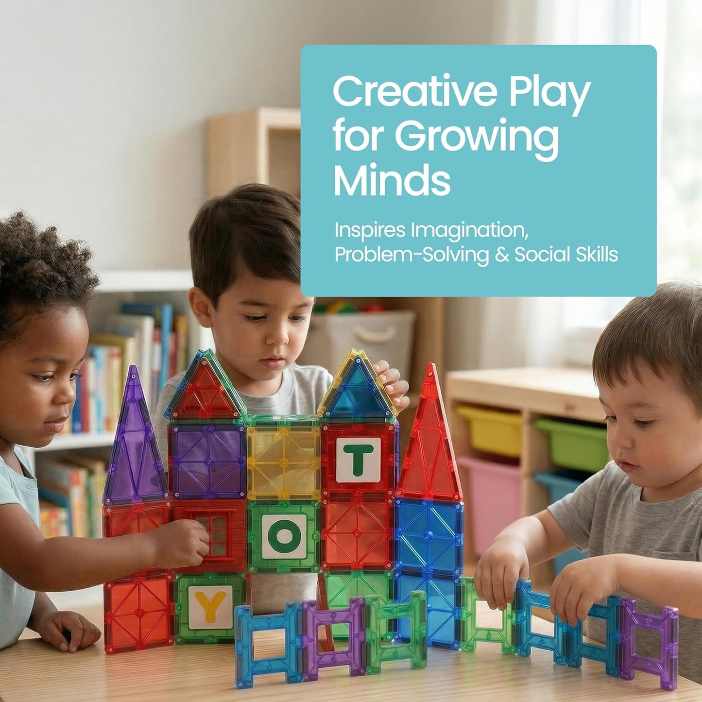 Playmags Magnetic Tiles for Kids 100-Piece Set, STEM Educational Building Blocks Toys for Kids, Includes Click-in ABC Learning Tiles, Gift for Boys & Girls, Add on Magnetic Figures, Car Set Available