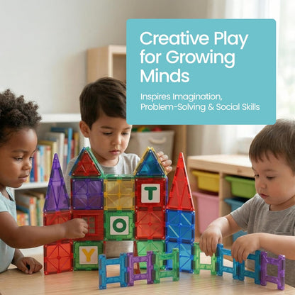 Playmags Magnetic Tiles for Kids 100-Piece Set, STEM Educational Building Blocks Toys for Kids, Includes Click-in ABC Learning Tiles, Gift for Boys & Girls, Add on Magnetic Figures, Car Set Available
