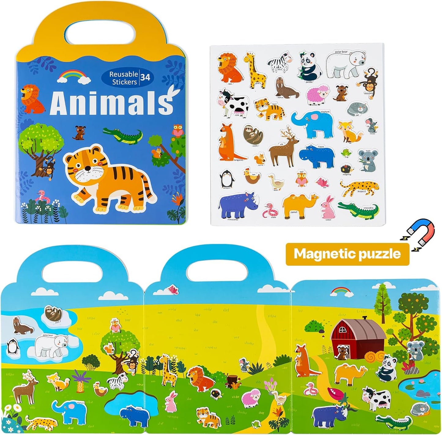 Magnetic Playset Portable Playboard, Cute Farmhouse Animal Reusable Magnets Sticker Books for Toddlers 3-5 Years, 34 PCS Refrigerator Magnets for Kids Girls Boys Perfect Preschool Learning Travel Toy