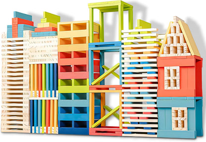 Premium 300 Pcs Natural Wooden Building Blocks for Kids Ages 3-12,Pine STEM Construction Toy - Open-Ended Classic Building Blocks Set for Castles, Bridges & Towers, Educational Learning Gift (4.7 in)