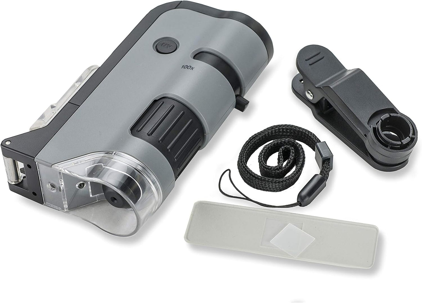 Carson MicroFlip 100x-250x, LED UV Pocket Microscope with Smartphone Clip, STEM Education (MP-250)