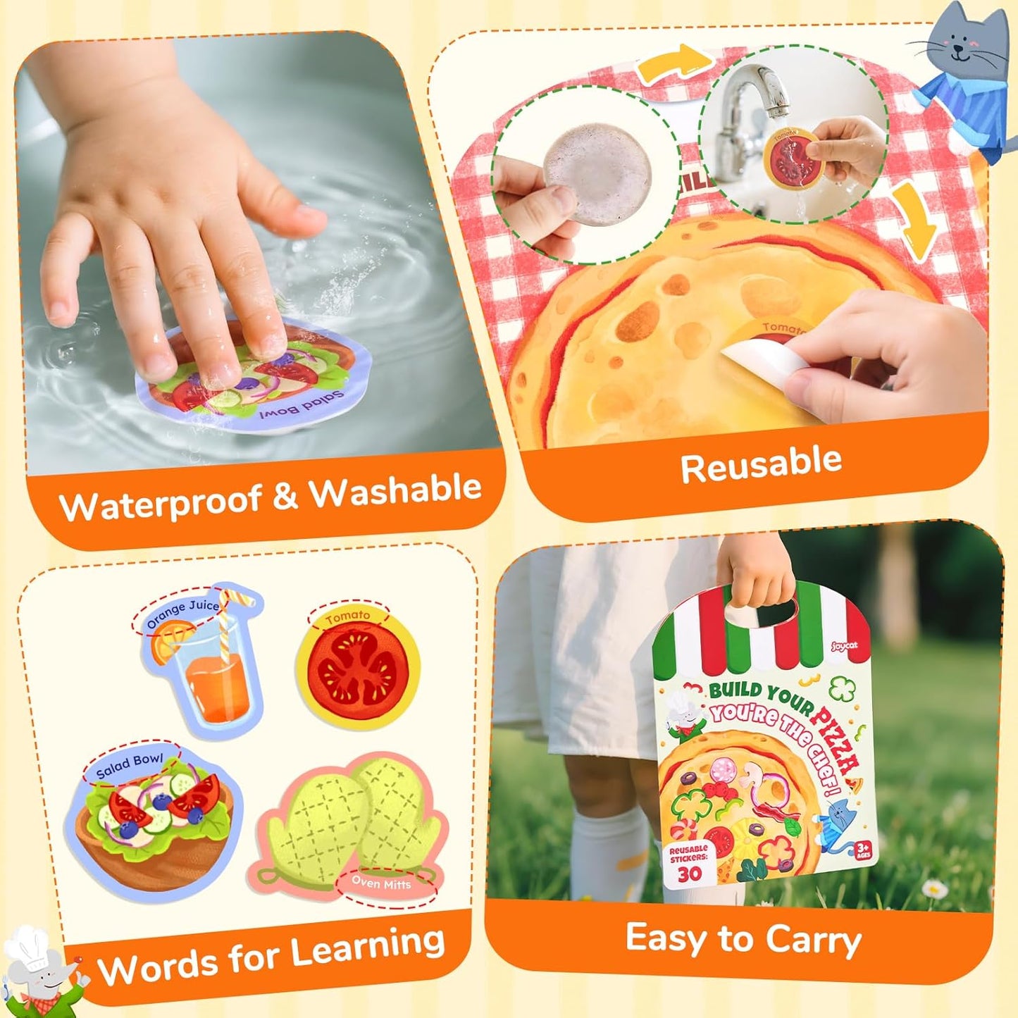 JoyCat Reusable Sticker Book Set (3-Pack): Farm, Pizza-Making, Weather - 90 Pcs Stickers for Toddlers, Kids Sticker Activity Book, Road Trip Travel Toys, Birthday Gifts for Boys and Girls
