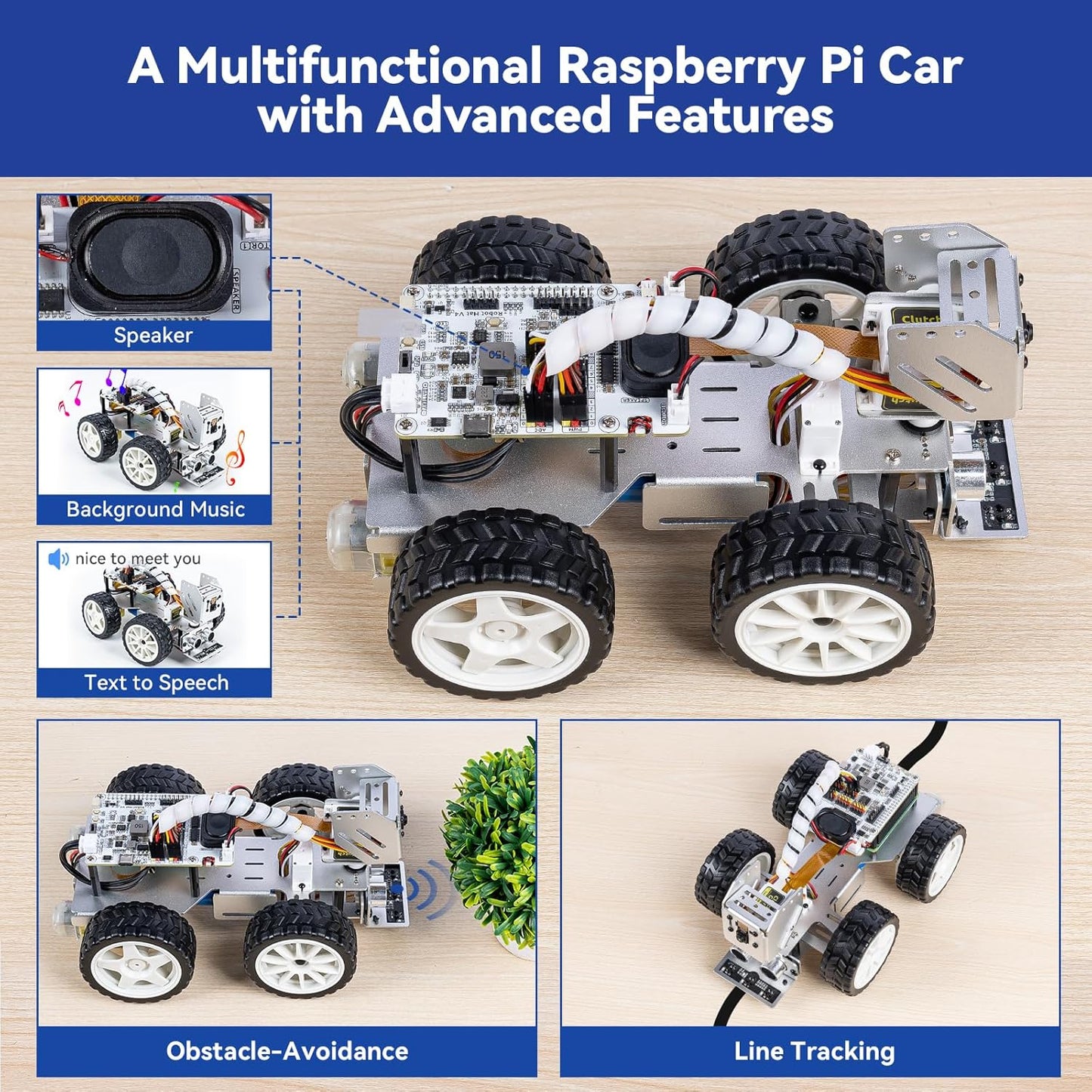 SunFounder Picar-X AI Video Robot Car Kit for Raspberry Pi 5/4/3B+/Zero 2w, LLMs ChatGPT-4o/Gemini/Grok, Voice&Video Recognition, Python, Scratch, Camera, Batterry (RPI NOT Included)
