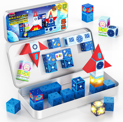 Magnetic Tiles Race Track Set, 52PCS STEM Educational Magnetic Building Blocks with 2 Race Cars, Montessori Sensory Travel Toys for Kids 3 4 5 6 7 8, Birthday for Boys & Girls