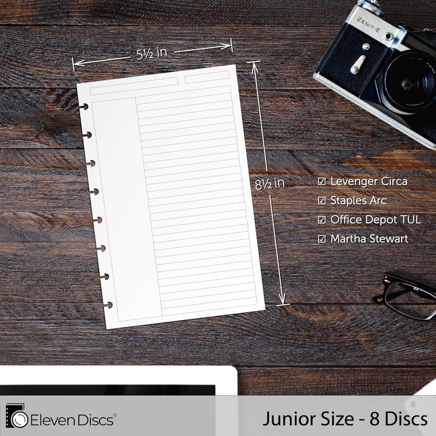 Eleven Discs Discbound Paper, Junior Size Mileage Log Sheets - Premium 120gsm Heavyweight Notebook & Planner Refills - 8 Discs, 5.5 x 8.5 in - Punched for Circa, Arc, TUL (50 Sheets)