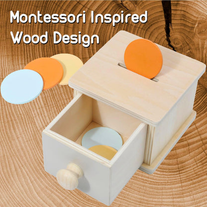 Montessori Coin Box, Montessori Toys for 1 Year Old Toddler Coins, Baby Wooden Toy Ball Infant Drawer Drop, 1+ Baby Essentials Object Permanence Learning