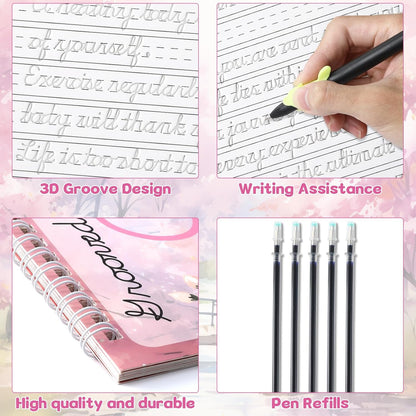 chiazllta Grooved Cursive Handwriting Workbook with Disappearing Ink Pens Magic Reusable Grooved Cursive Writing Practice for Beginners Kids Kickoff Student Workbook Homeschooling Supplies (Letters)