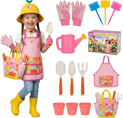 JOI MEW Kids Gardening Tools Set, Garden Toys w/Wooden Handle Alloy Rake,Fork,Trowel, Watering Can,Gloves,Tote Bag,Plant pots, DIY Bookmark Kits, Spring Summer Toy Outdoor Gift for Toddler Boy Girl
