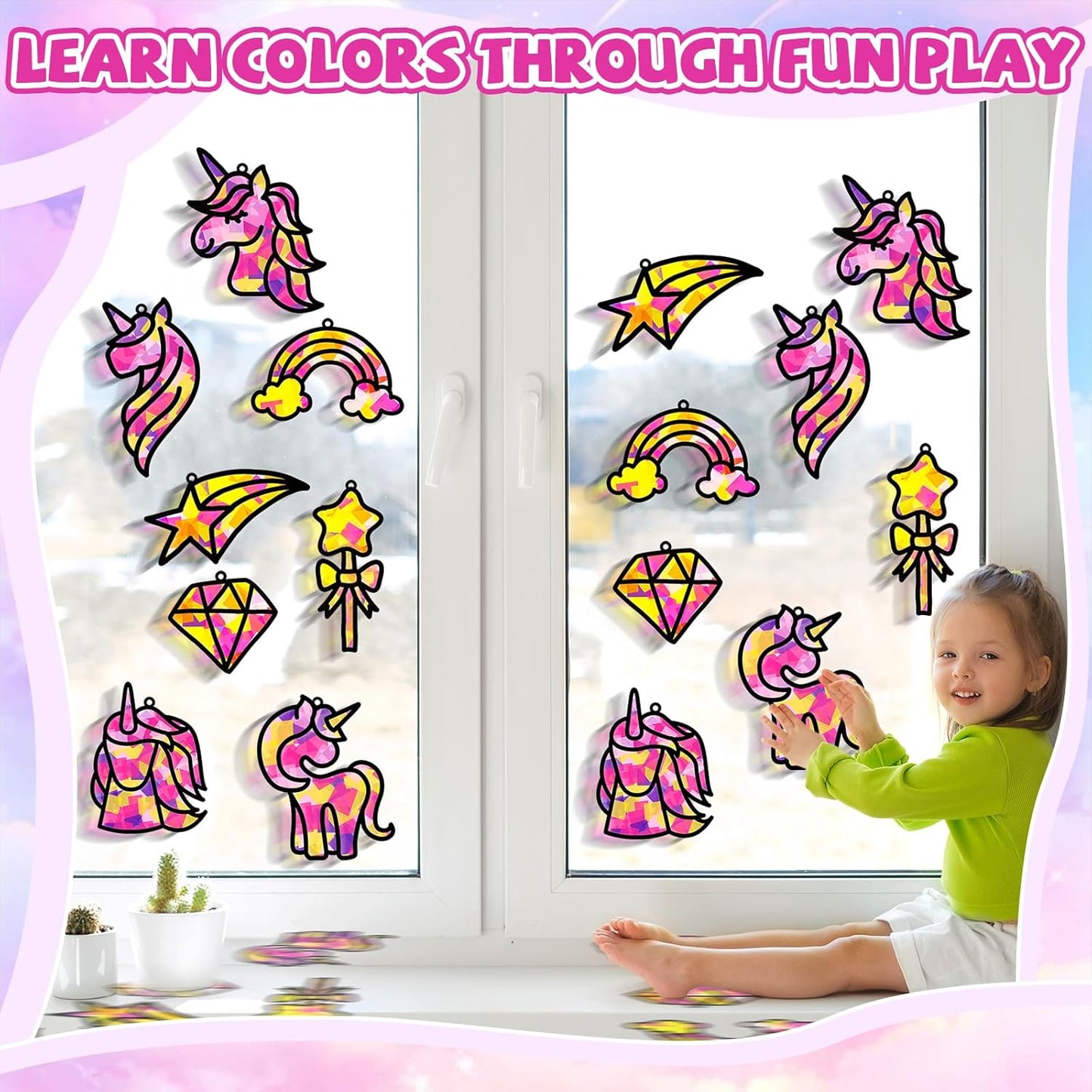 32 Sets Outer Space Suncatchers Craft Kit DIY Window Stained Glass Effect Planet Astronaut Alien Paper Crafts Home School Classroom Decoration Kid Birthday Gift Creative Art Project Activity Game - Colors A
