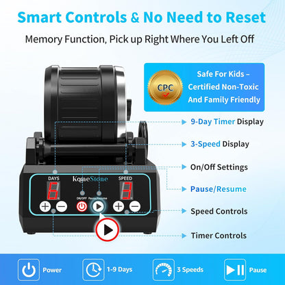 K1 Rock Tumbler Kit – Reliable Rotary Rock Polisher for Adults, Beginners & Hobbyists, 2.5LB Quiet Rubber Barrel with 3 Speeds, 9-Day Timer & Memory Function, Full Accessories Included, Ideal Gift