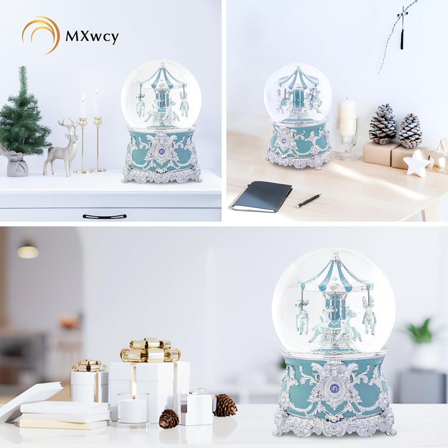 Carousel Music Box Gold & Ivory Christmas Snow Globes, 8.3" Rotate Carousel Snow Globe for Kids & Adults, Classic Wind up Musical Snow Globe Birthday Gifts for Women Girls, Carousel Horse Home Decor
