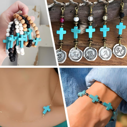 100pcs Blue and White Turquoise Cross Spacer Beads 8x10mm Semi Precious Stone Bead Easter Cross Gemstone Loose Beads for Jewelry Making Charms Beading Bracelets Necklaces Earrings Crafts