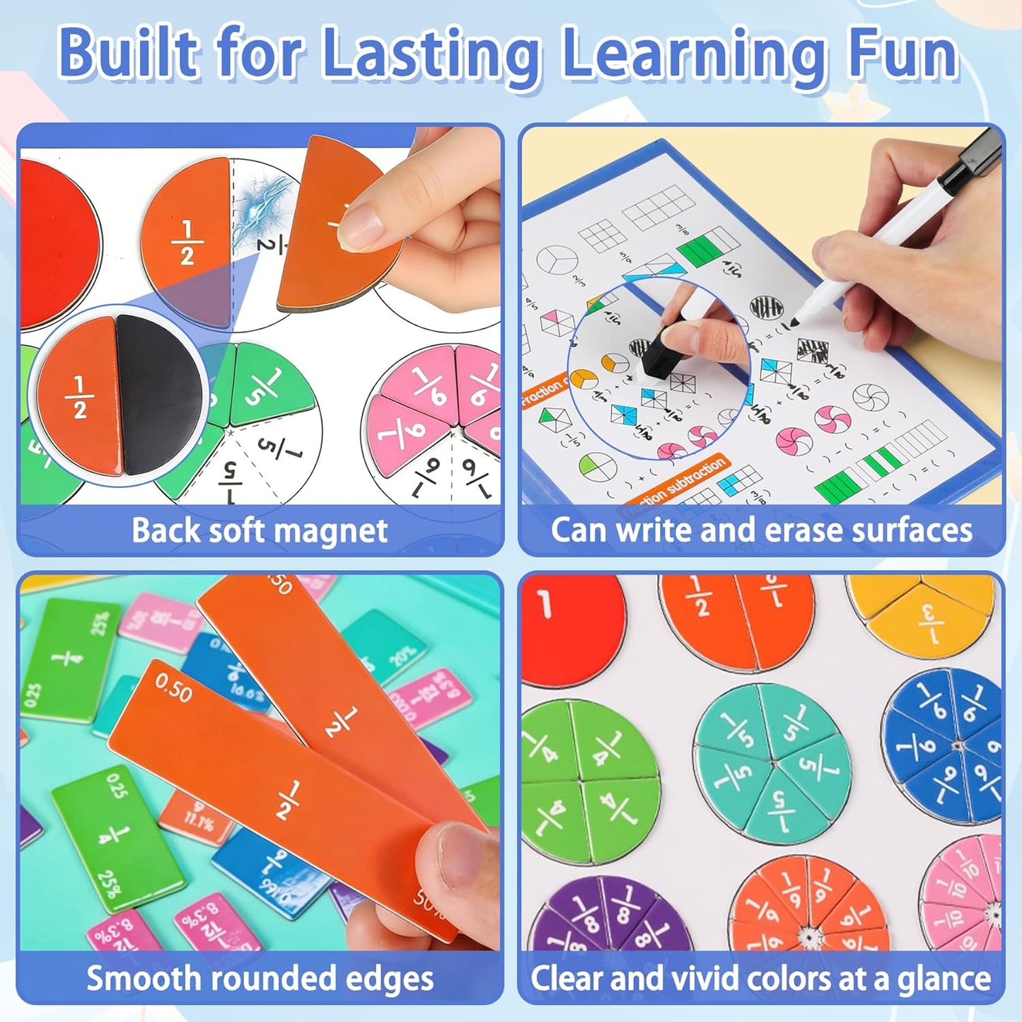Magnetic Fraction Playbook & Tiles, Montessori Math Tools for Ages 6-10, Fraction Manipulatives Set with Wipeable Cards & Marker Pen, Learning Games for Kids Homeschool Classroom
