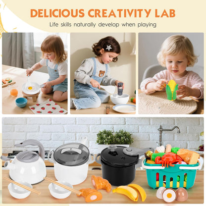 130Pcs Kitchen Playset, Toddler Pretend Cooking Play Pots, Pans, Utensils Cookware, Daily Food Fruit Veges, Shopping Storage Basket, Dessert, Prop Money, Learning Gift for Child (Pink)