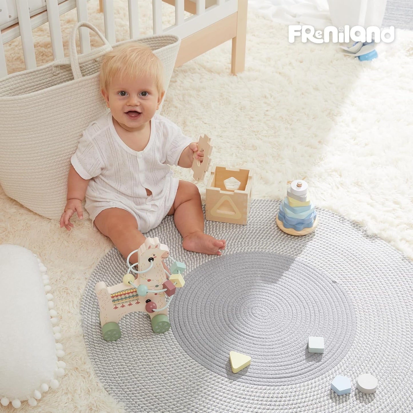 FReniland Montessori Toys for 1 Year Old，3-in-1 Wooden Baby Toys，Wooden Stacking Toy，Toddler Shape Sorting Cube, Giraffe Ring Toy,Newborn Baby Gift Sets for Boys and Girls