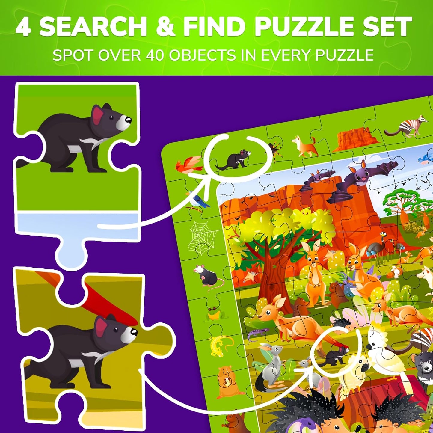 QUOKKA 100 Piece Puzzles for Kids Ages 4-6 - 4 Jigsaw Puzzles for Kids Ages 6-8 - Search and Find Game with Animals, Dinosaurs for Childrens 5-8 - Learning Educational Toys for Boys and Girls 8-11