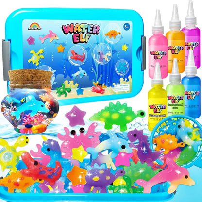 AGENTLAN Magic Water Elf Toy Kit，Aqua Fairy Squishy Making kit with 10 Water gels&8 molds,Magic Jelly elf,Glow in the Dark Water Pets Craft Kits,Sensory Toy Gift Ages 3 4 5 6 7 8 9