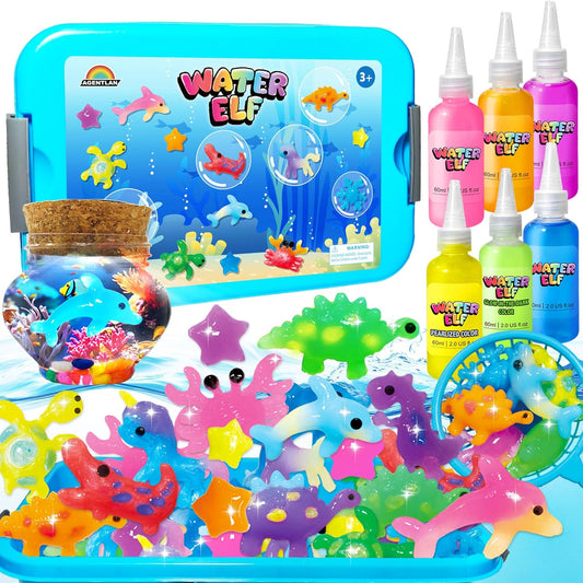 AGENTLAN Magic Water Elf Toy Kit，Aqua Fairy Squishy Making kit with 10 Water gels&8 molds,Magic Jelly elf,Glow in the Dark Water Pets Craft Kits,Sensory Toy Gift Ages 3 4 5 6 7 8 9