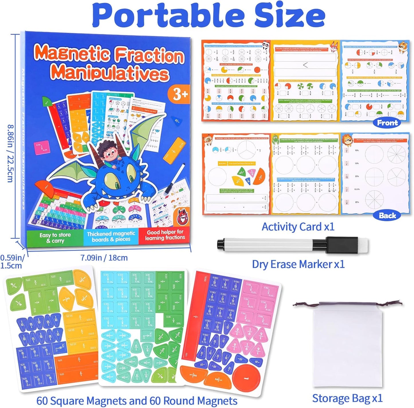 Magnetic Fraction Educational Puzzle, Magnetic Fraction Demonstration Book, Fraction Tiles & Circles, Montessori Math Manipulatives for Elementary School, Fraction Learning Toys for Kids