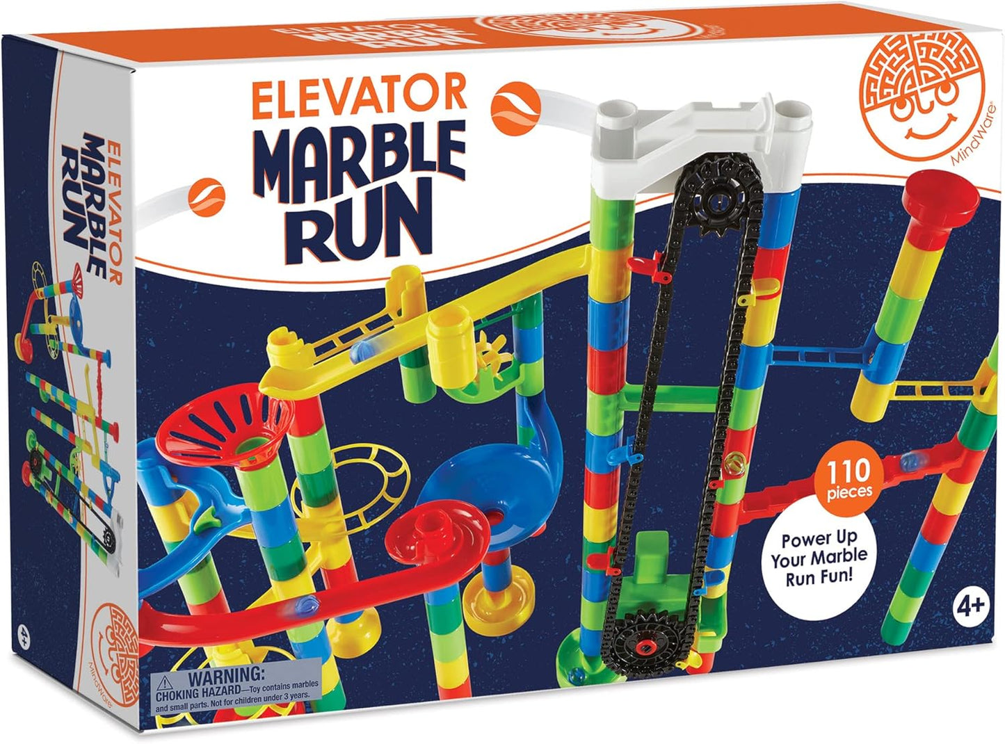 MindWare Marble Run 110 Piece Building Set with 82 Track Pieces, 15 Marbles and Motorized Elevator