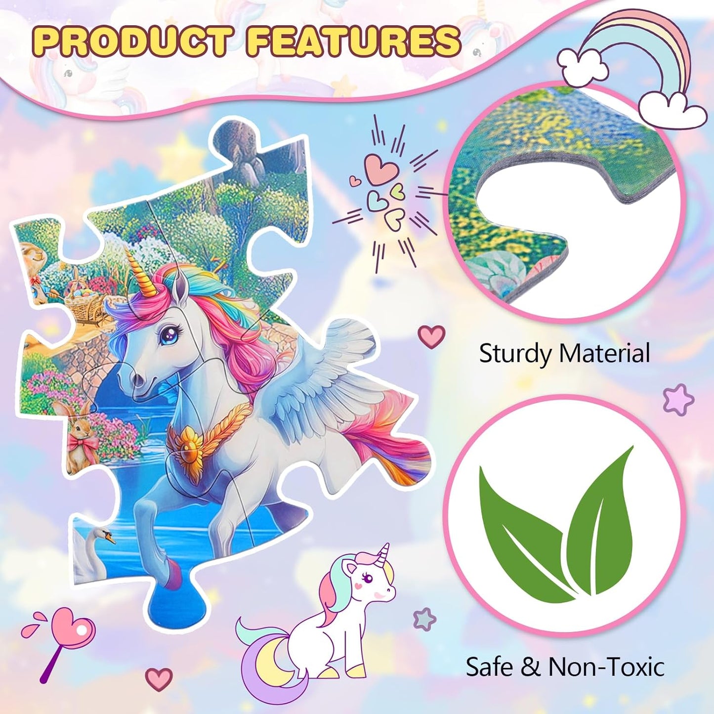 Civaner 70 Pieces Floor Puzzles Round Large Puzzles for Kids Ages 3-5 5-8 Jumbo Jigsaw Puzzle Educational Gifts for Toddlers Girls Boys Baby Shower Holiday Birthday(Unicorn)