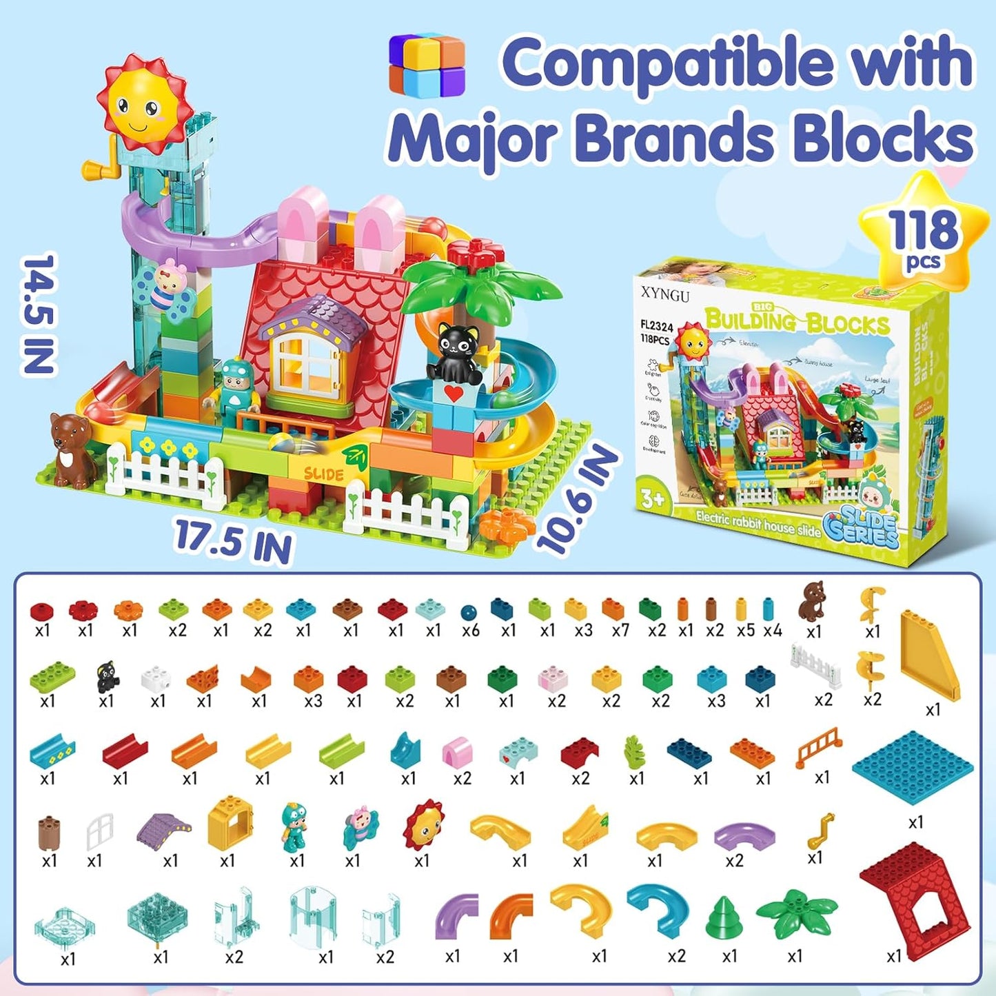 Kid Marble Run Building Blocks with Elevator Spiral Lift,Gift Toy Bricks Marble Maze Ball Race Track Set with Motorized Elevator,Big Blocks Educational STEM for 3 4 5 6 7 8 Year Old Boys Girls