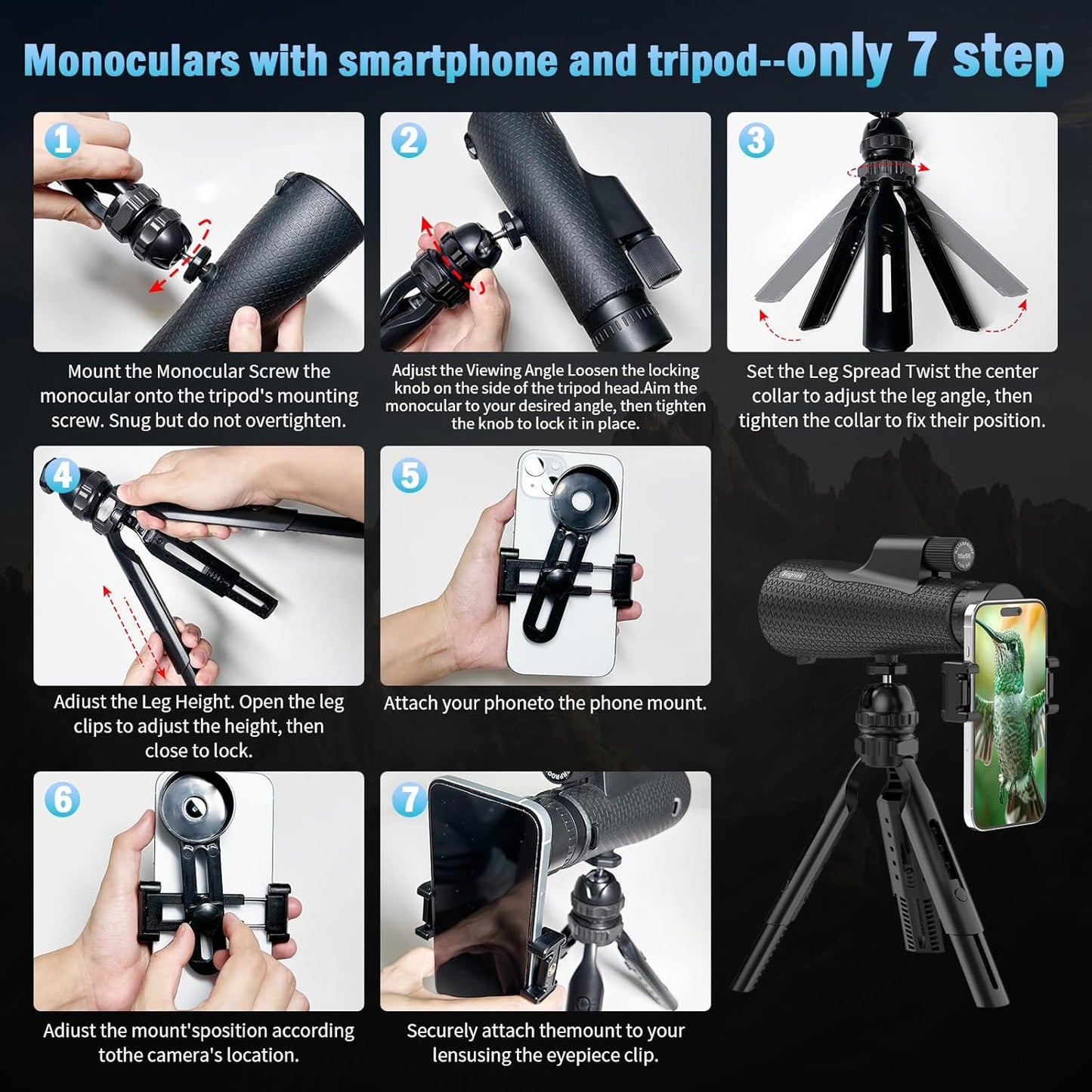 15×55 Monocular Telescope, HD High Powered with Tripod and Phone Adapter, BAK4 Prism, Waterproof & Fogproof, Lightweight for Bird Watching Hunting Hiking and Landscape Photography