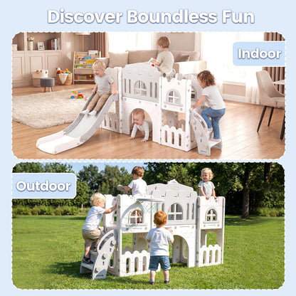 OLAKIDS Toddler Slide and Swing Set, 7 in 1 Kids Indoor Outdoor Playground with Climber Basketball Hoop Telescope Toy Storage for Boys Girls Aged 1+ (Grey)