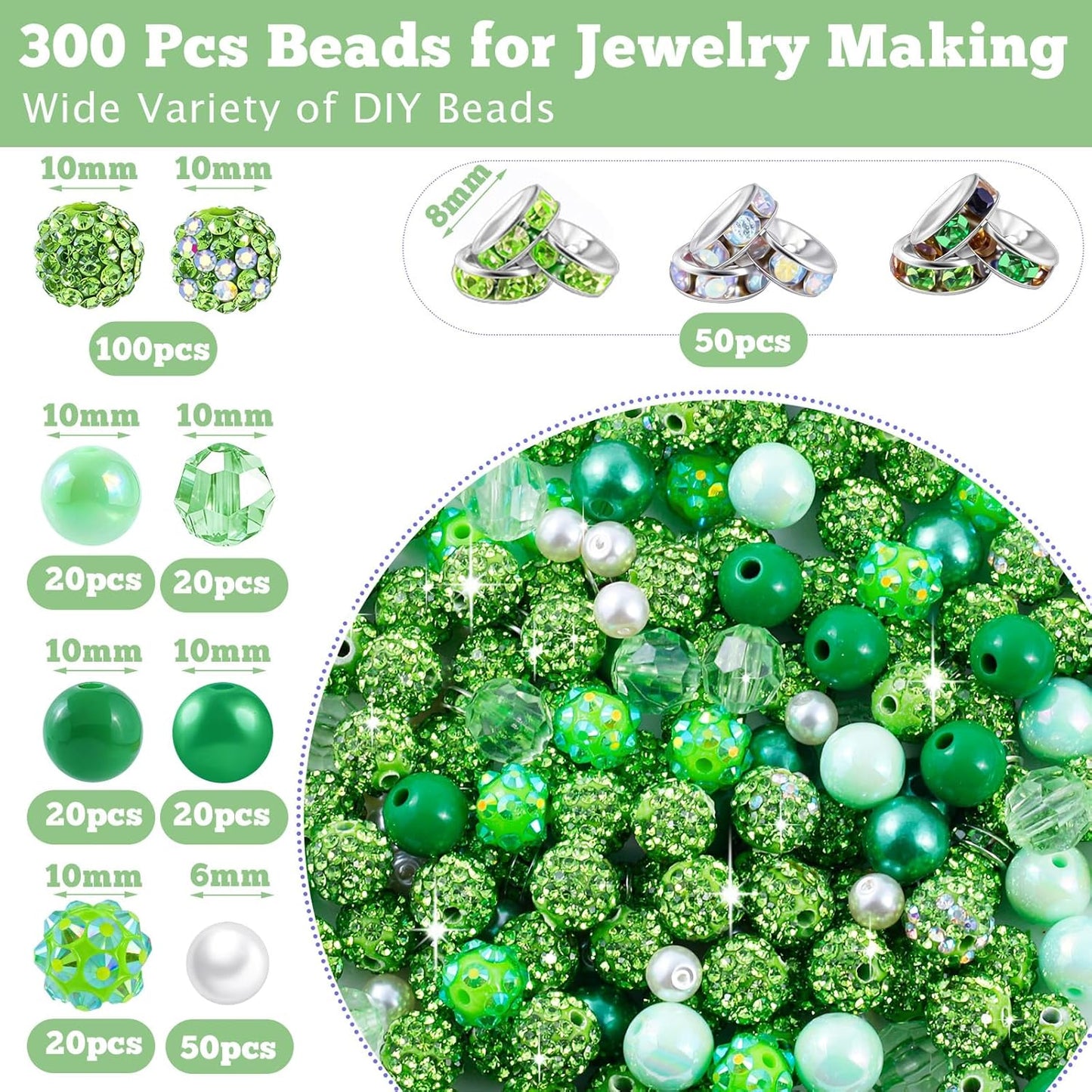 300 Pcs Diamonds Beads for Jewelry Making, Included 10 mm Red Rhinestone Beads for Bracelets, Bubblegum Bead for Pen Making, Pearl and Spacer Bead for Bracelet Necklace Earring Crafting