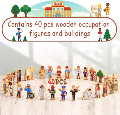 Blosssound 40 Pcs Wooden Community Helpers for Kids Little Occupations Figures Play Toys Wooden Blocks Multicultural Career Preschool Classroom Educational Supplies Birthday Gifts