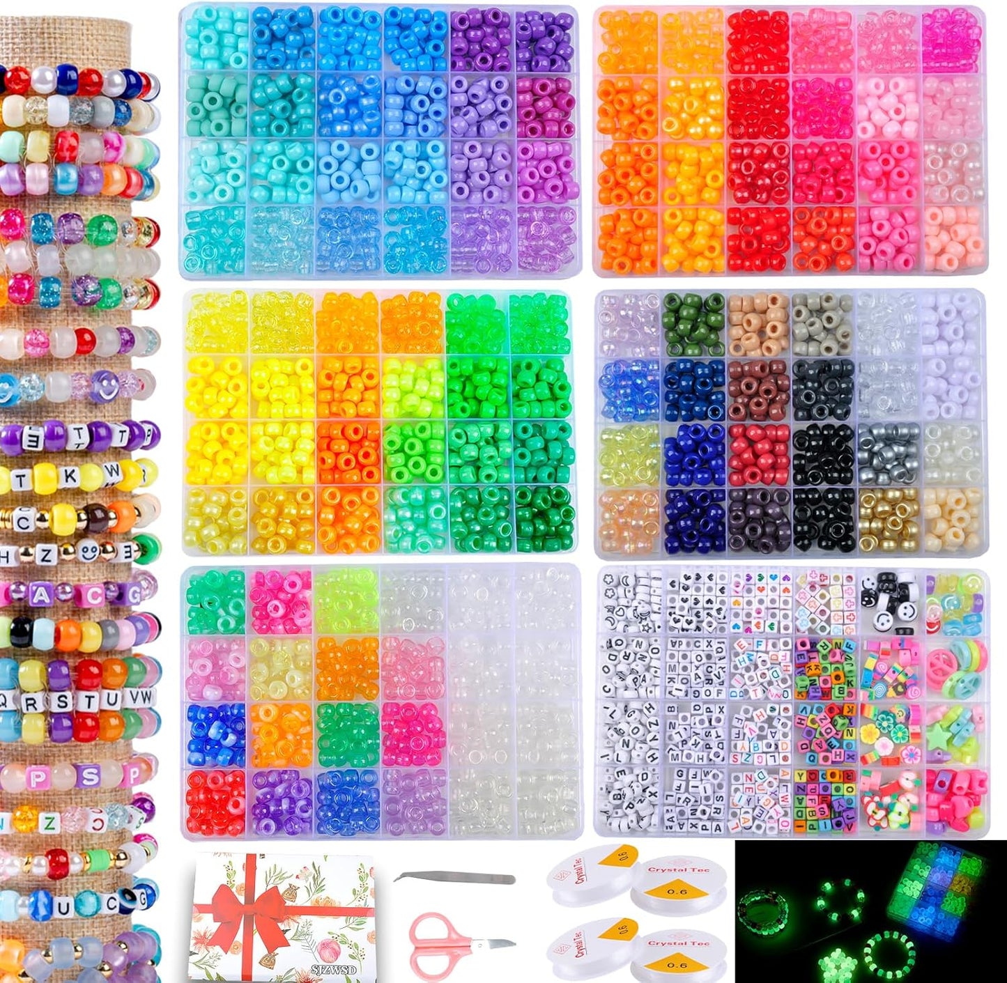 SJZWSD 5 Boxes Bracelet Making Kit Pony Beads, 6x9mm Kandi Rave Beads & Hair Beads Set with UV Color Changing, Glow-in-Dark, Chrome & Alphabet Letters for Friendship Jewelry DIY Crafts