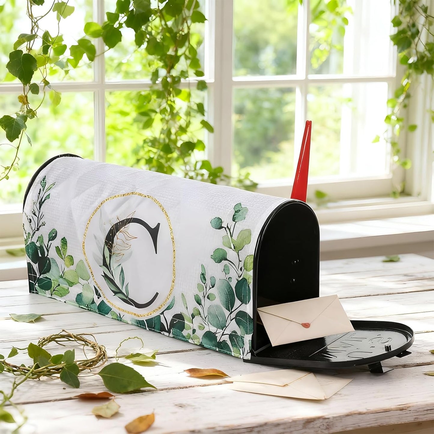 Tiamon Monogrammed L Mailbox Covers Magnetic Eucalyptus Welcome Letter Box Wrap Standard Size 21x18 Inch Spring Summer Leaves Mailbox Decor Eucalyptus Letter Numbers Decoration for Outdoor Garden Yard