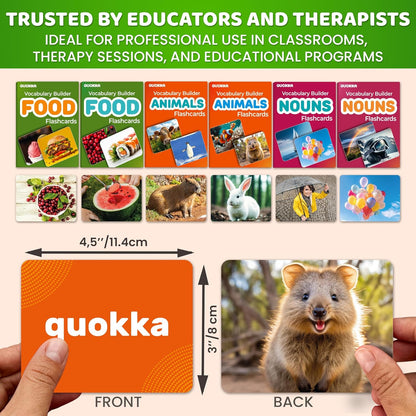 QUOKKA 104 Noun Flash Cards Set – Kids and Adults Vocabulary Builder for ABA Therapy, Early Childhood Education, and ESL Teaching – Picture Cards for Speech Therapy and Vocabulary Building Activities