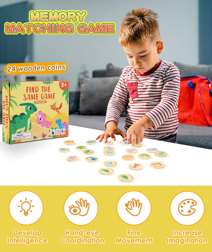 Wooden Match Memory Game for Kids, 24Pc Memory Matching Cards, Educational Memory Matching Game for Pre-Kindergarten Early Learning Development Kids-Dinosaur