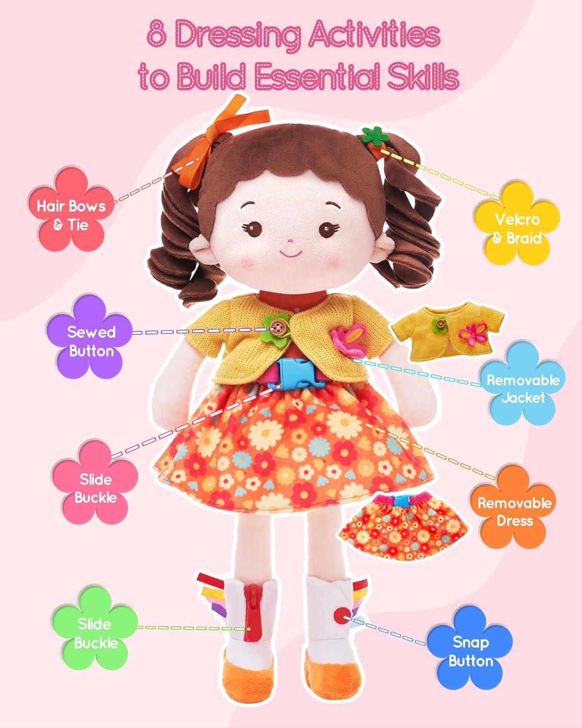 LeyaDoll Soft Bady Educational Soft Baby Doll(16''), Learning Sensory Doll for Toddlers, Montessori Toys for 2-Year-Old Girls Christmas, Birthday Gifts, Plush Doll with Button-Busy Cupcake-Girl
