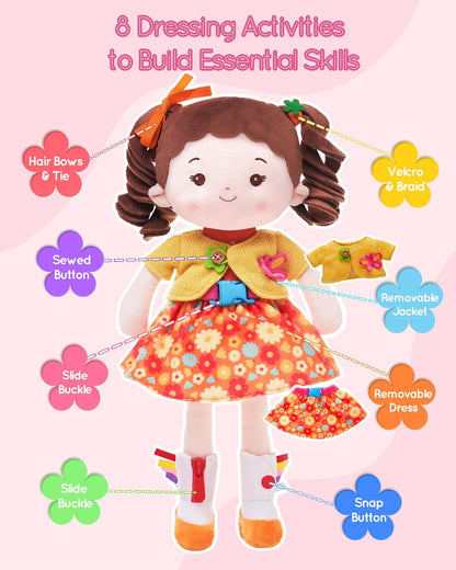 LeyaDoll Soft Bady Educational Soft Baby Doll(16''), Learning Sensory Doll for Toddlers, Montessori Toys for 2-Year-Old Girls Christmas, Birthday Gifts, Plush Doll with Button-Busy Cupcake-Girl