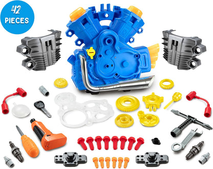 POFJOEQ Engine Building Kit, Kids Mechanic Repair Set for Kids Motorcycle Engine，Take Apart Toys-42pc Playset，STEM Engine Model Kit Toy with Cool Lights&Sounds，Educational Toys for 3+ Year Old (Blue)