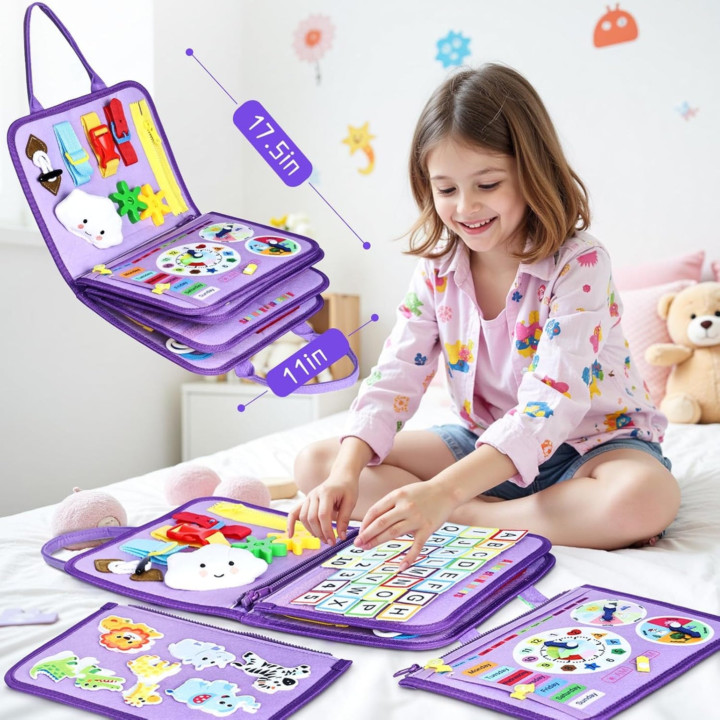 Esjay Toddler Busy Board Montessori Toys for Boys Girls, Sensory Book Educational Activities for Learning Fine Motor Skills, Birthday Gifts for Toddlers, Travel Toys for Airplane Car, White Dinosaur